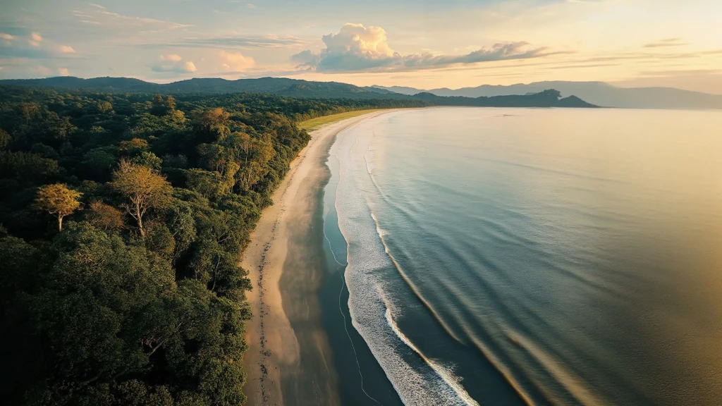Aerial view of a forested Cyprus coastline and sandy beach